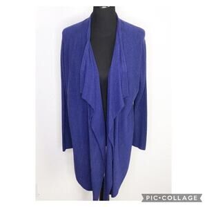 Eileen Fisher dark indigo blue open front draped waterfall cardigan